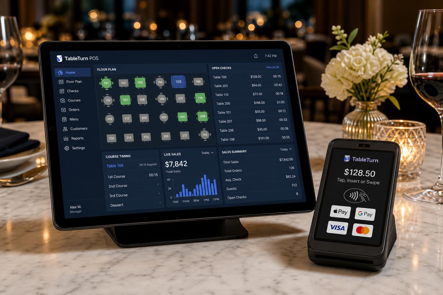 TableTurn POS tablet and handheld card reader on a fine-dining restaurant table