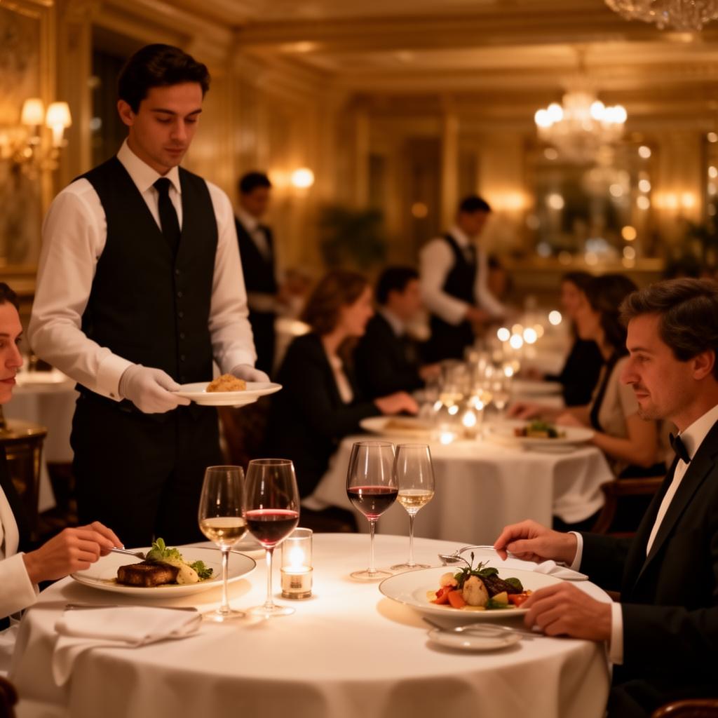 Full-service restaurant dining room during dinner service with attentive staff